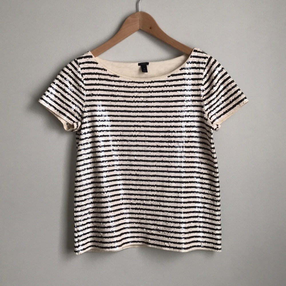 J. Crew Sequin Tee in Black and Cream Stripe